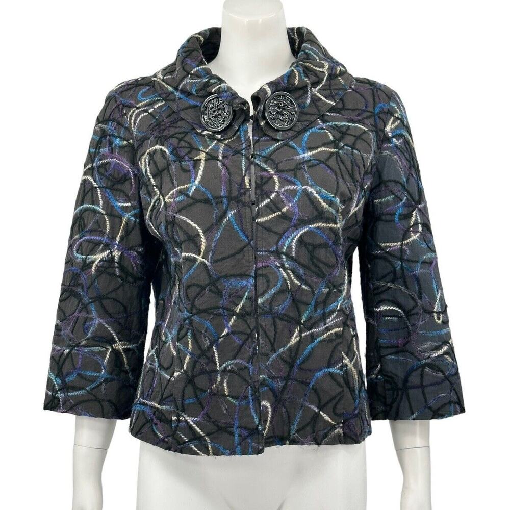 Trenz by Theresa Renz Jacket Womens‎ Large Black Embroidered 3/4 Sleeves Artsy